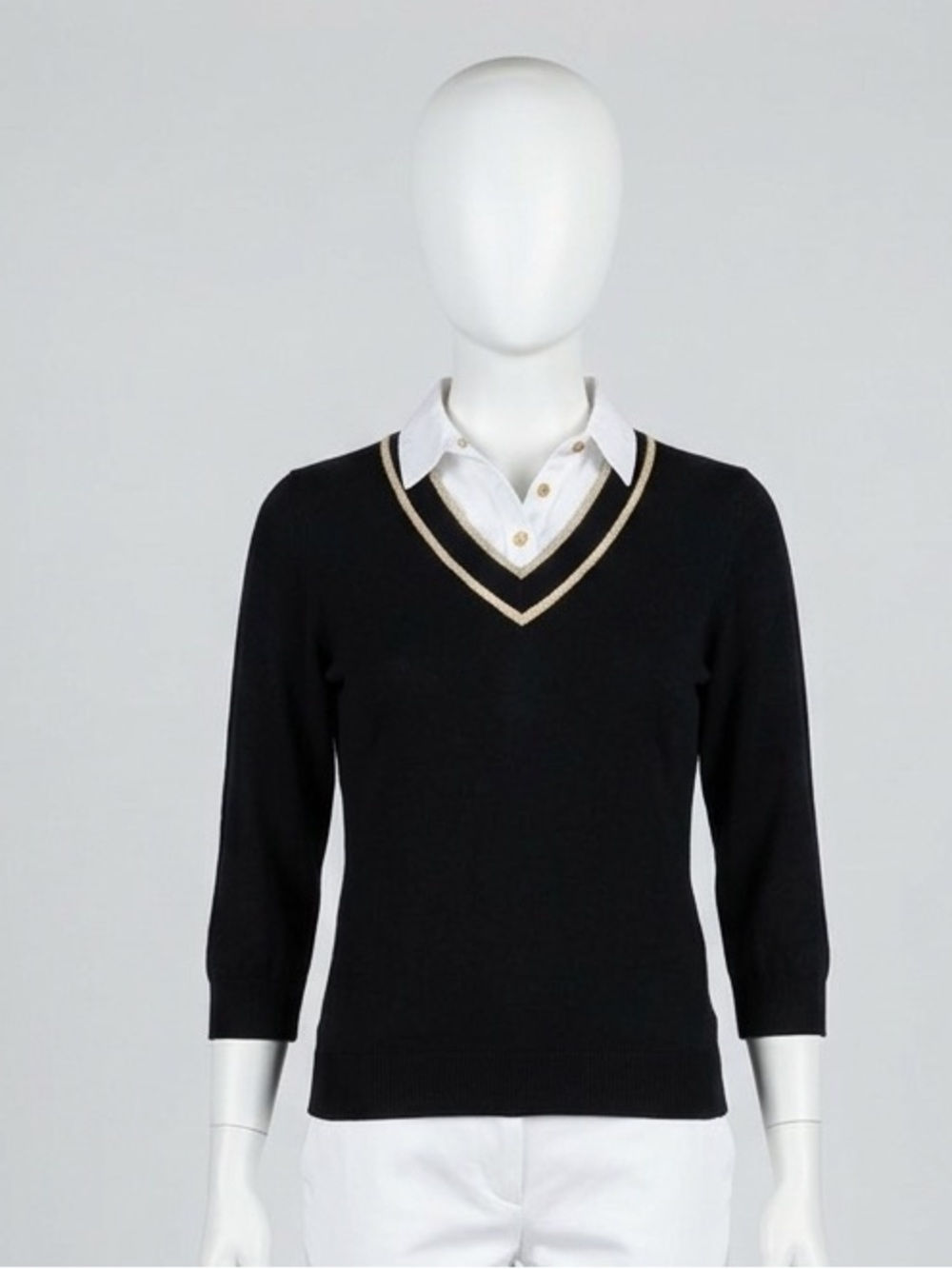 Vintage Lauren Ralph Lauren Black V-Neck Sweater with Gold Trim and White Collar